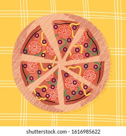Appetizing sliced vegetarian pizza. Cartoon vector illustration.