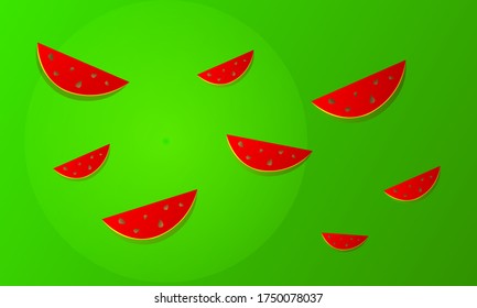 rebanadas apetitosas de sandía madura sobre un concepto de fondo verde del verano y papel pintado de caramelos para el diseño