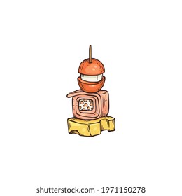 Appetizing snack with ham and tomato on skewer cartoon icon, sketch vector illustration isolated on white background. Buffet appetizer for serving before main meal.