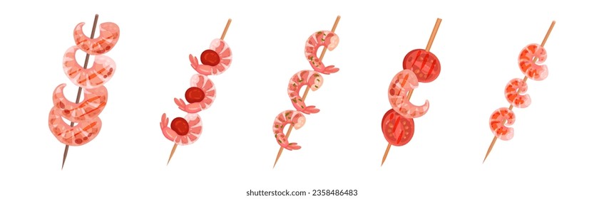 Apetitoso refrigerio con camarón o gamba en el vector Skewers