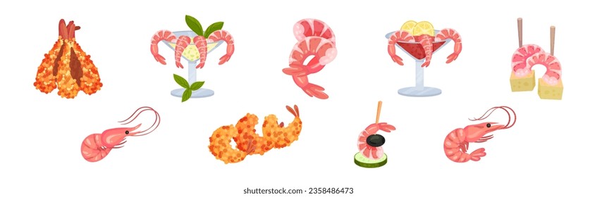 Apetitoso aperitivo con camarón o conjunto de vectores Prawn