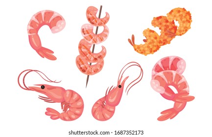 Appetizing Snacks with Shrimp or Prawn Like Canape and Sushi Vector Set