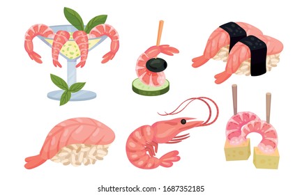 Appetitliche Snacks mit Garnelen oder Garnelen wie Canape und Sushi Vektorillustration Set
