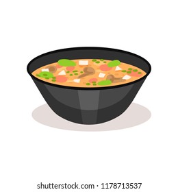 Appetizing soup in black ceramic bowl. Traditional Asian food. Flat vector element for promo poster or cafe menu