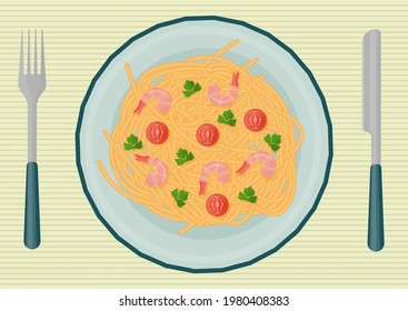 Appetizing Spaghetti Dishes Of Mediterranean Cuisine, Consisting Of Products Such As Macaroni, Tomatoes,shrimp, Parsley. Pasta On A Plate Lying On A Napkin With A Knife And Fork. Vector.