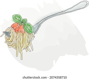 appetizing spaghetti on a fork with sauce and basil. Vector illustration for magazine, cookbook, social media, poster