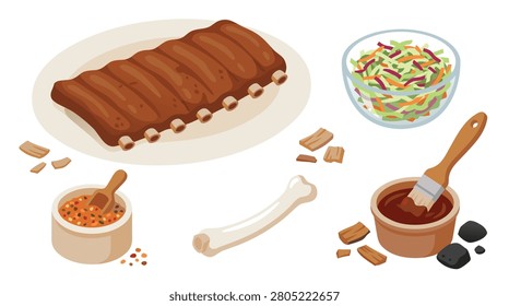 An appetizing spread of barbecue ribs, fresh coleslaw, and various ingredients for a perfect meal.