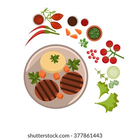 Appetizing Steak on Plate. Flat Vector Illustration