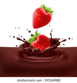 Appetizing strawberries dipping into chocolate with splashes