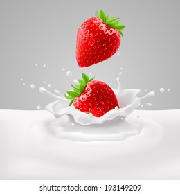 Appetizing strawberries with green leaves falling into milk with splashes