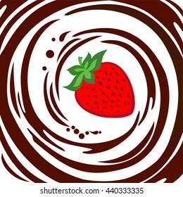Appetizing strawberry. Chocolate swirl background.  Vector illustration