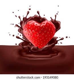 Appetizing strawberry heart dipping into chocolate with splashes