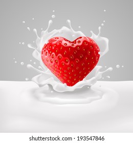 Appetizing strawberry heart in milk splashes. Love for food