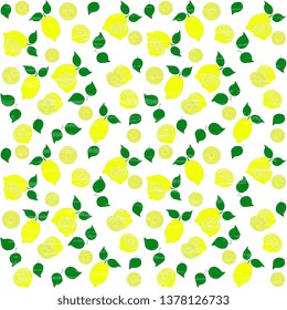 Appetizing summer illustration of fresh lemons with leaves on a white background. Seamless vegetative pattern, textured, artistic.
