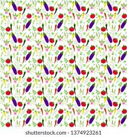 Appetizing summer illustration of fresh vegetables from the garden, peppers, tomatoes, eggplants, radishes, peas and greens on a white background. Seamless floral pattern, textured, artistic.