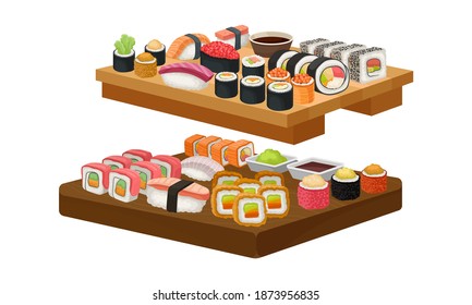 Appetizing Sushi and Maki as Delicious Oriental Food on Wooden Tray Vector Set