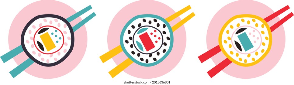 Appetizing Sushi and rolls vector. Colored Asian food vector. Illustration in cartoon flat style.