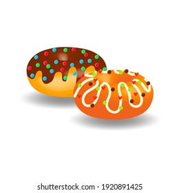Appetizing sweet colorful donuts isolated on white background close-up. Realistic 3d illustration of donuts with chocolate and white icing. For advertising, menu, banner, card.