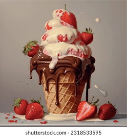 Appetizing sweet vanilla ice cream with strawberries and chocolate topping 3D vector graphics