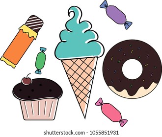 Appetizing sweets, blue ice cream, chocolate donut, colorful candy and cupcake