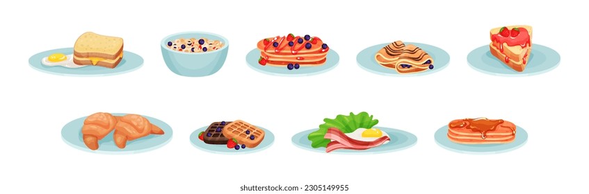 Appetizing and Tasty Breakfast Served Meal and Food Vector Set