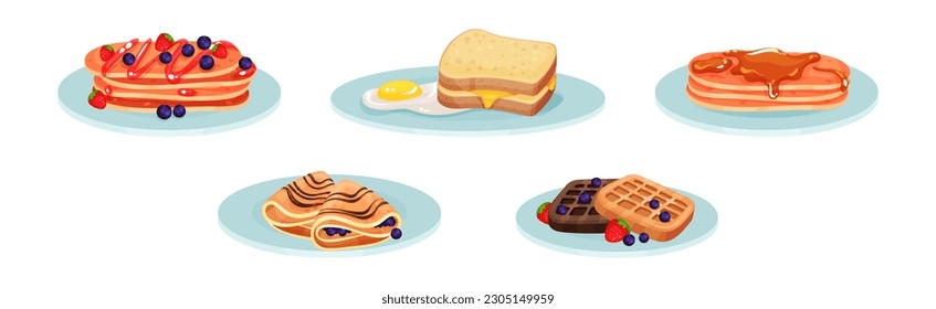 Appetizing and Tasty Breakfast Served Meal and Food Vector Set
