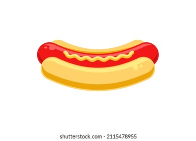 Appetizing tasty hot dog sausage bun with mustard vector flat illustration. Unhealthy hotdog traditional American fast food cafe restaurant menu isolated. Takeaway meal with sauce lunch snack