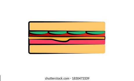 appetizing, tasty sandwich on a white plate. sandwich stuffed with meat, cheese and herbs. delicious and juicy bread with meat. snack, lunch. vector illustration.