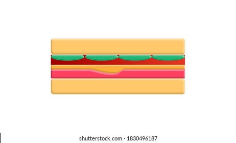 appetizing, tasty sandwich on a white background, vector illustration. sandwich stuffed with meat, cheese and herbs. sandwich for snack and lunch. hearty breakfast for the family.