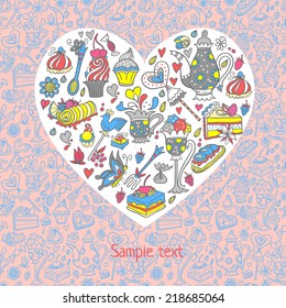 Appetizing tea party texture pattern background with cakes and sweets.