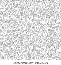 Appetizing tea party texture pattern background with cakes and sweets.