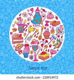 Appetizing tea party texture pattern background with cakes and sweets.