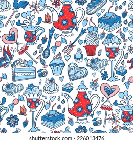Appetizing tea party texture pattern background with cakes and sweets.