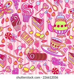 Appetizing tea party texture pattern background with cakes and sweets.