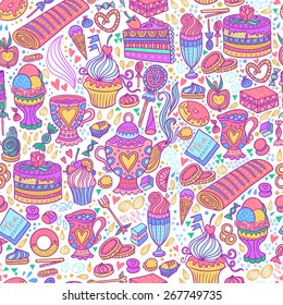 Appetizing tea party texture pattern background with cakes and sweets.