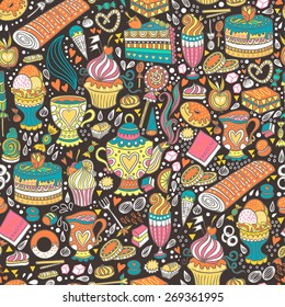 Appetizing tea party texture pattern background with cakes and sweets.