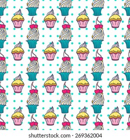 Appetizing tea party texture pattern background with cupcakes.