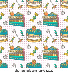 Appetizing tea party texture pattern background with cakes and sweets.