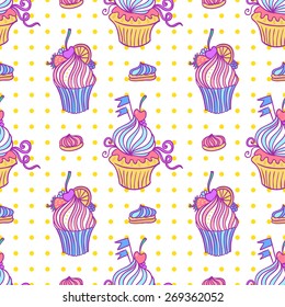 Appetizing tea party texture pattern background with cakes and sweets.