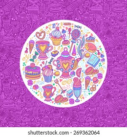 Appetizing tea party texture pattern background with cakes and sweets.