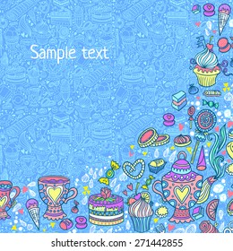 Appetizing tea party texture pattern background with cakes and sweets.