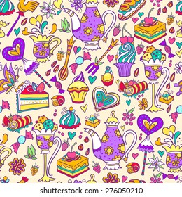 Appetizing tea party texture pattern background with cakes and sweets.