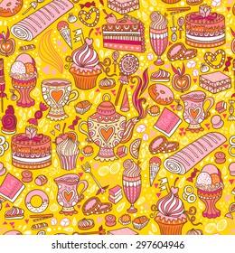 Appetizing tea party texture pattern background with cakes and sweets.