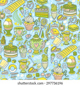 Appetizing tea party texture pattern background with cakes and sweets.