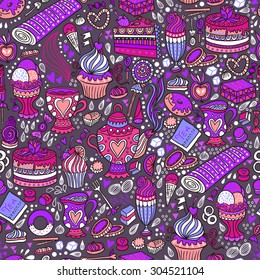 Appetizing tea party texture pattern background with cakes and sweets.