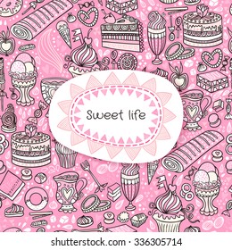 Appetizing tea party texture pattern background with cakes and sweets and cute banner.