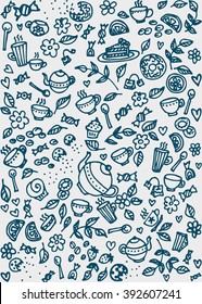 Appetizing tea party texture pattern background with cakes and sweets.Vector Illustration