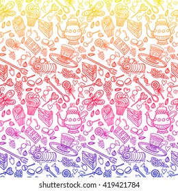 Appetizing tea party texture pattern background with cakes and sweets. Romantic gradient vector illustration.