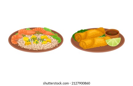 Appetizing Thai Cuisine Dish with Rice and Shrimp on Plate Vector Set
