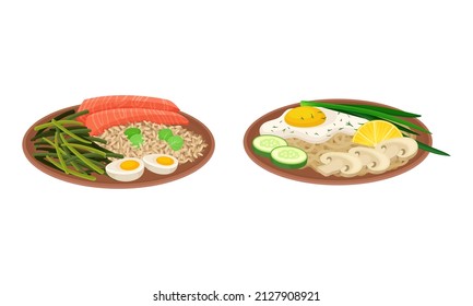 Appetizing Thai Cuisine Dish with Rice and Salmon on Plate Vector Set